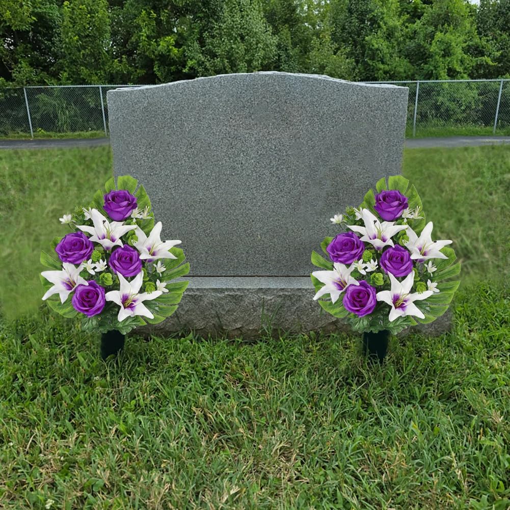 Artificial Cemetery Flowers for Grave, Set of 2 Silk White Faux Camellia Bouquet Flowers Outdoor Graveyard Memorial Flower for Cemetery Headstones Decoration