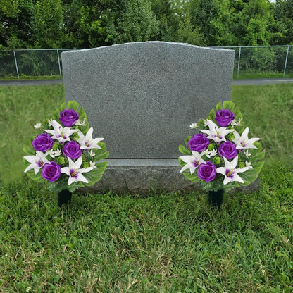 Artificial Cemetery Flowers for Grave, Set of 2 Silk White Faux Camellia Bouquet Flowers Outdoor Graveyard Memorial Flower for Cemetery Headstones Decoration