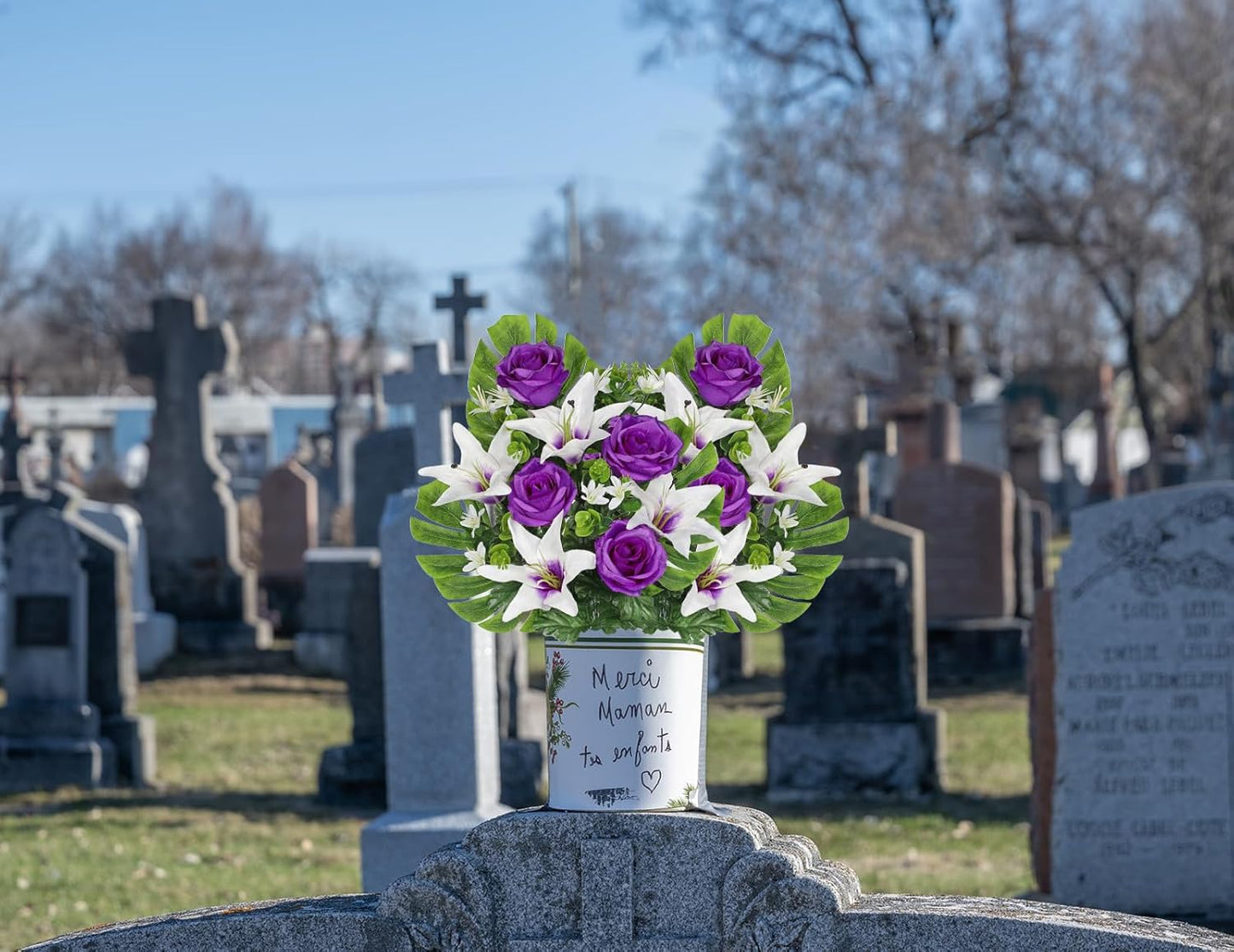 Artificial Cemetery Flowers for Grave, Set of 2 Silk White Faux Camellia Bouquet Flowers Outdoor Graveyard Memorial Flower for Cemetery Headstones Decoration