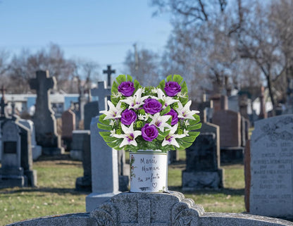Artificial Cemetery Flowers for Grave, Set of 2 Silk White Faux Camellia Bouquet Flowers Outdoor Graveyard Memorial Flower for Cemetery Headstones Decoration