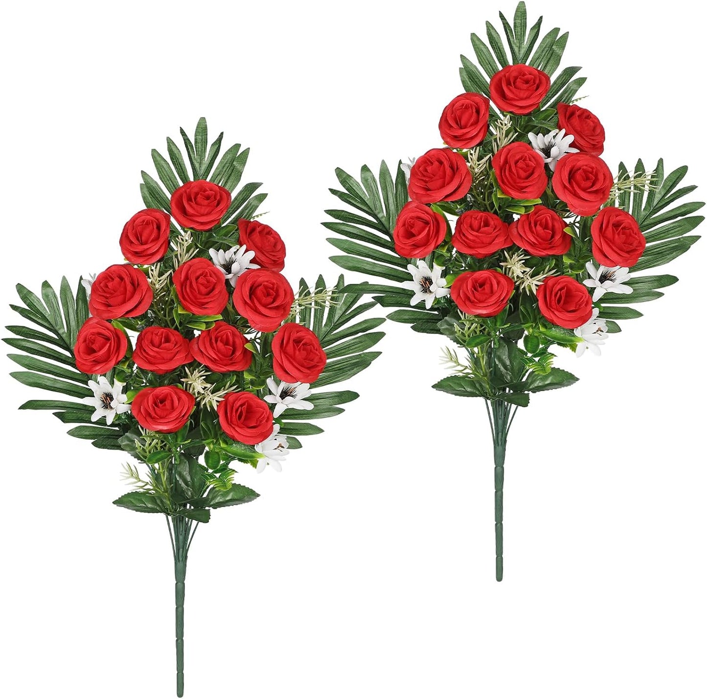 Artificial Cemetery Flowers for Grave, Set of 2 Silk White Faux Camellia Bouquet Flowers Outdoor Graveyard Memorial Flower for Cemetery Headstones Decoration