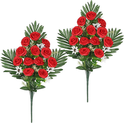 Artificial Cemetery Flowers for Grave, Set of 2 Silk White Faux Camellia Bouquet Flowers Outdoor Graveyard Memorial Flower for Cemetery Headstones Decoration