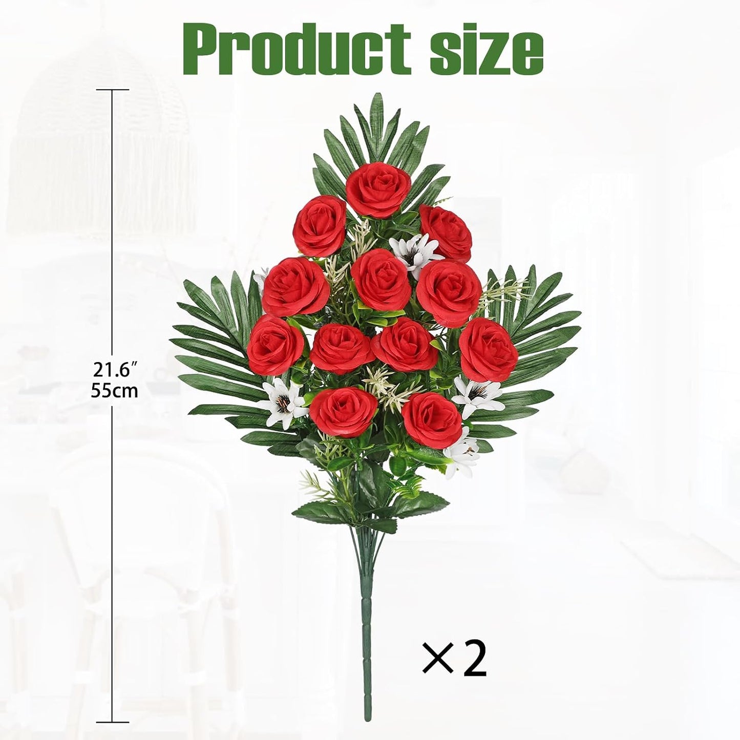 Artificial Cemetery Flowers for Grave, Set of 2 Silk White Faux Camellia Bouquet Flowers Outdoor Graveyard Memorial Flower for Cemetery Headstones Decoration