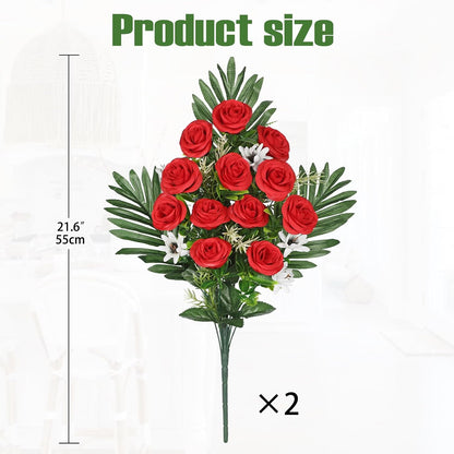 Artificial Cemetery Flowers for Grave, Set of 2 Silk White Faux Camellia Bouquet Flowers Outdoor Graveyard Memorial Flower for Cemetery Headstones Decoration