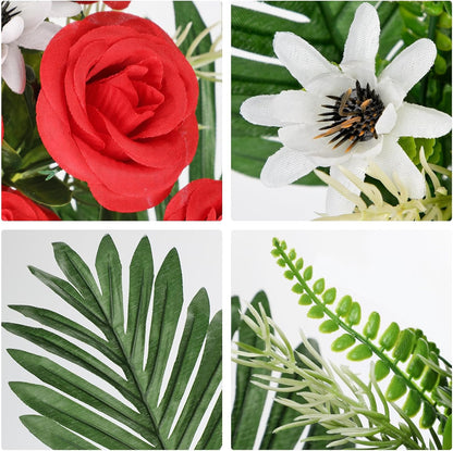 Artificial Cemetery Flowers for Grave, Set of 2 Silk White Faux Camellia Bouquet Flowers Outdoor Graveyard Memorial Flower for Cemetery Headstones Decoration