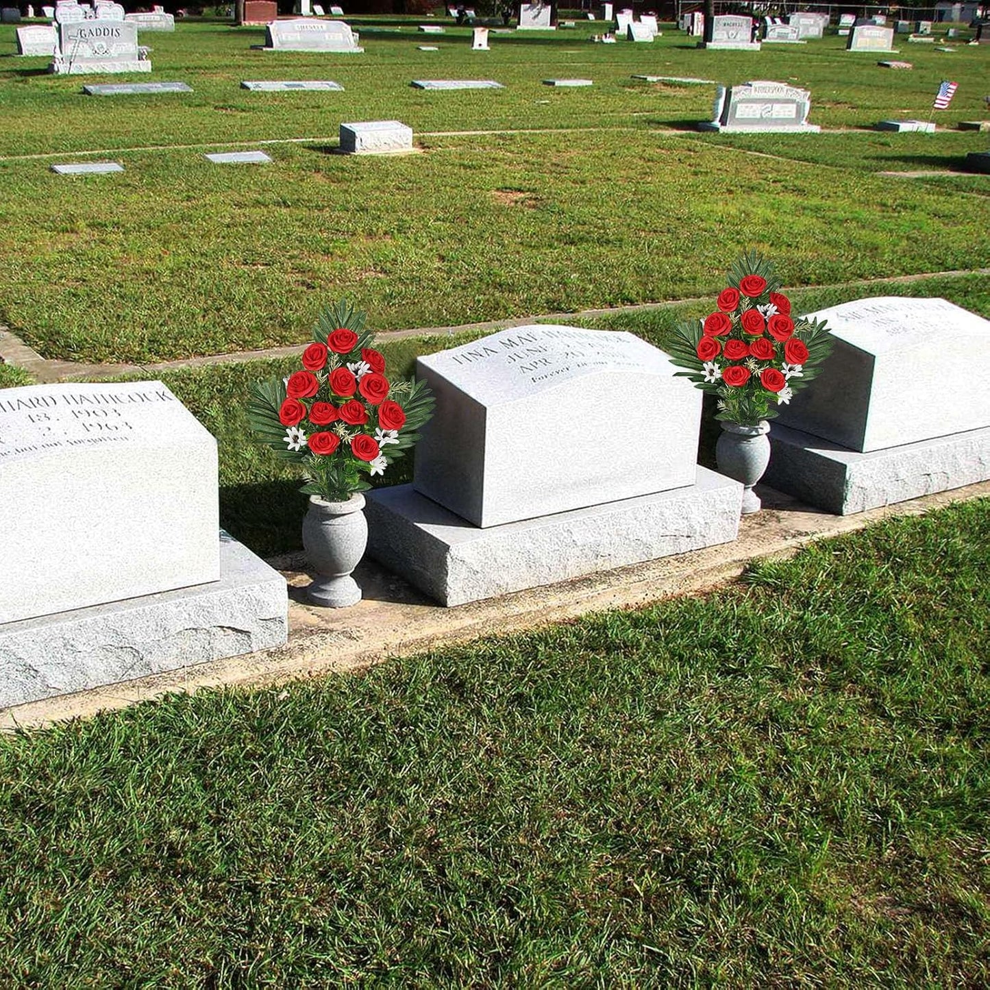 Artificial Cemetery Flowers for Grave, Set of 2 Silk White Faux Camellia Bouquet Flowers Outdoor Graveyard Memorial Flower for Cemetery Headstones Decoration