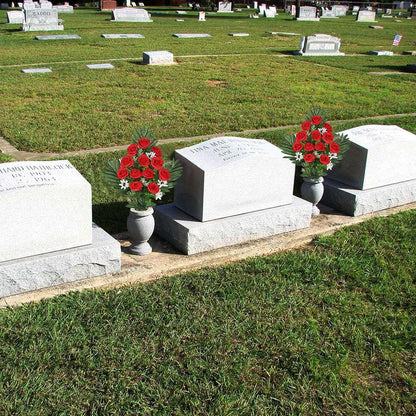 Artificial Cemetery Flowers for Grave, Set of 2 Silk White Faux Camellia Bouquet Flowers Outdoor Graveyard Memorial Flower for Cemetery Headstones Decoration