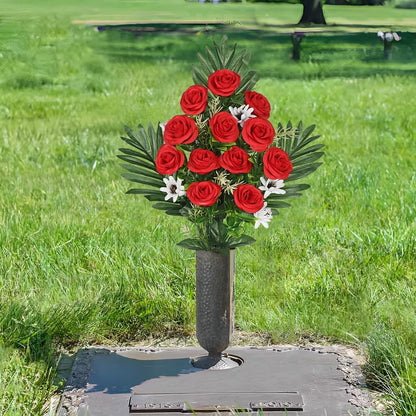 Artificial Cemetery Flowers for Grave, Set of 2 Silk White Faux Camellia Bouquet Flowers Outdoor Graveyard Memorial Flower for Cemetery Headstones Decoration