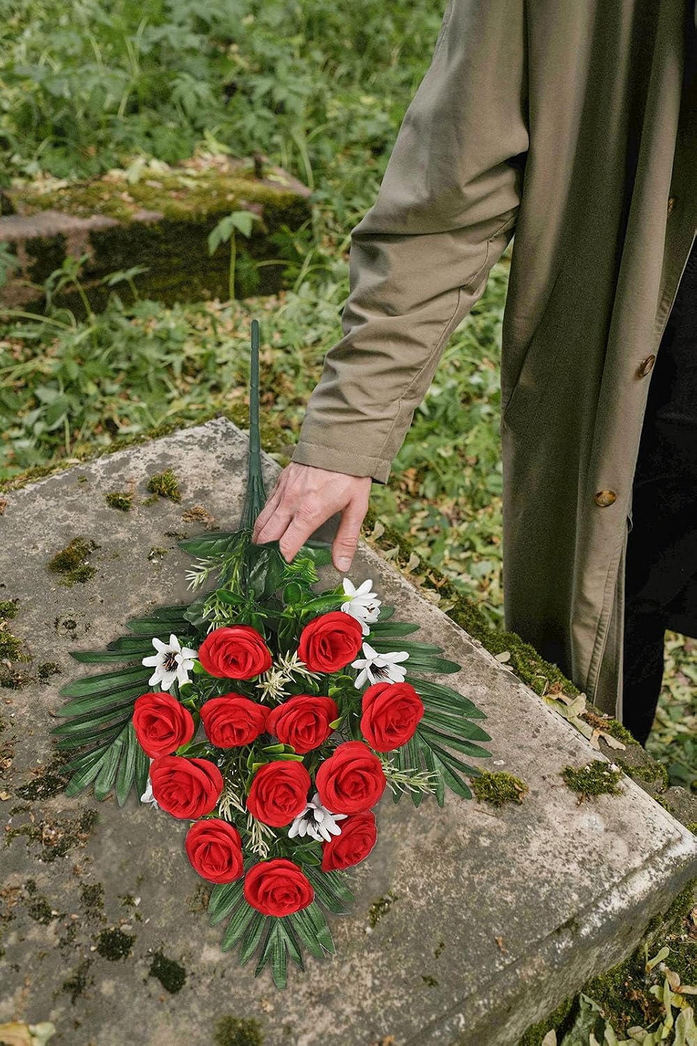 Artificial Cemetery Flowers for Grave, Set of 2 Silk White Faux Camellia Bouquet Flowers Outdoor Graveyard Memorial Flower for Cemetery Headstones Decoration