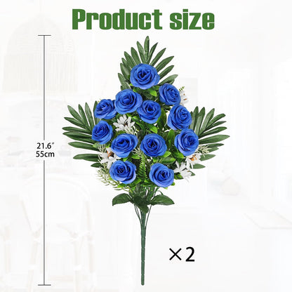 Artificial Cemetery Flowers for Grave, Set of 2 Silk White Faux Camellia Bouquet Flowers Outdoor Graveyard Memorial Flower for Cemetery Headstones Decoration