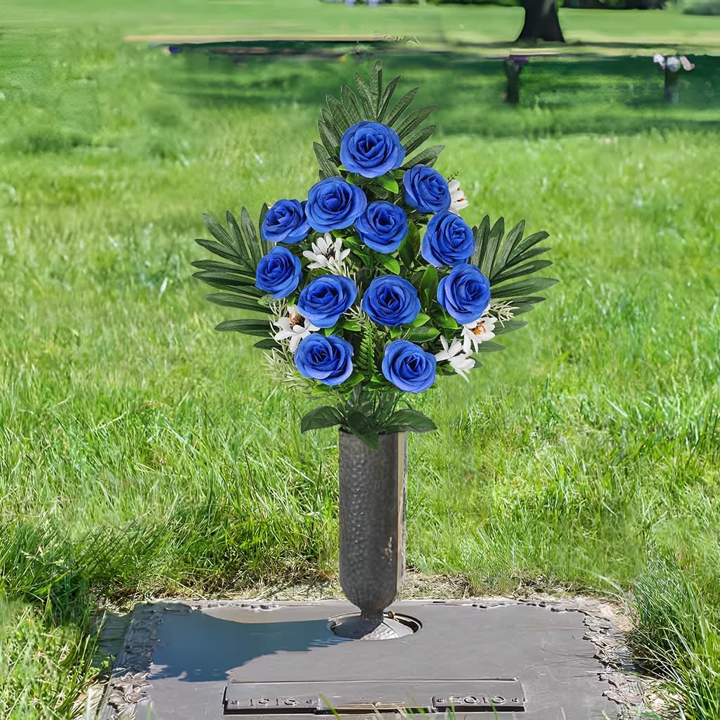 Artificial Cemetery Flowers for Grave, Set of 2 Silk White Faux Camellia Bouquet Flowers Outdoor Graveyard Memorial Flower for Cemetery Headstones Decoration