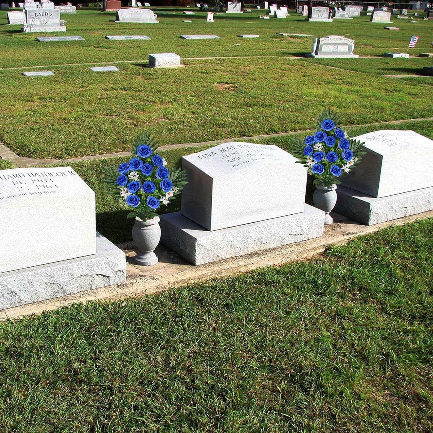 Artificial Cemetery Flowers for Grave, Set of 2 Silk White Faux Camellia Bouquet Flowers Outdoor Graveyard Memorial Flower for Cemetery Headstones Decoration