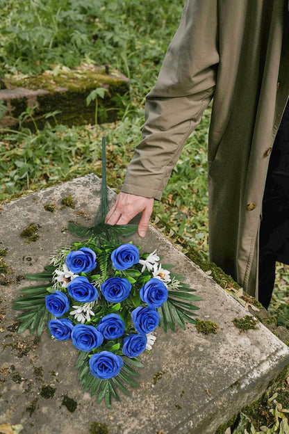 Artificial Cemetery Flowers for Grave, Set of 2 Silk White Faux Camellia Bouquet Flowers Outdoor Graveyard Memorial Flower for Cemetery Headstones Decoration
