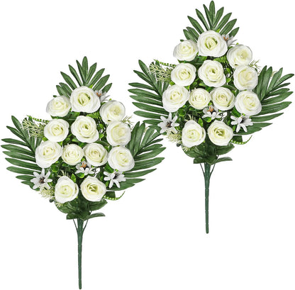 Artificial Cemetery Flowers for Grave, Set of 2 Silk White Faux Camellia Bouquet Flowers Outdoor Graveyard Memorial Flower for Cemetery Headstones Decoration