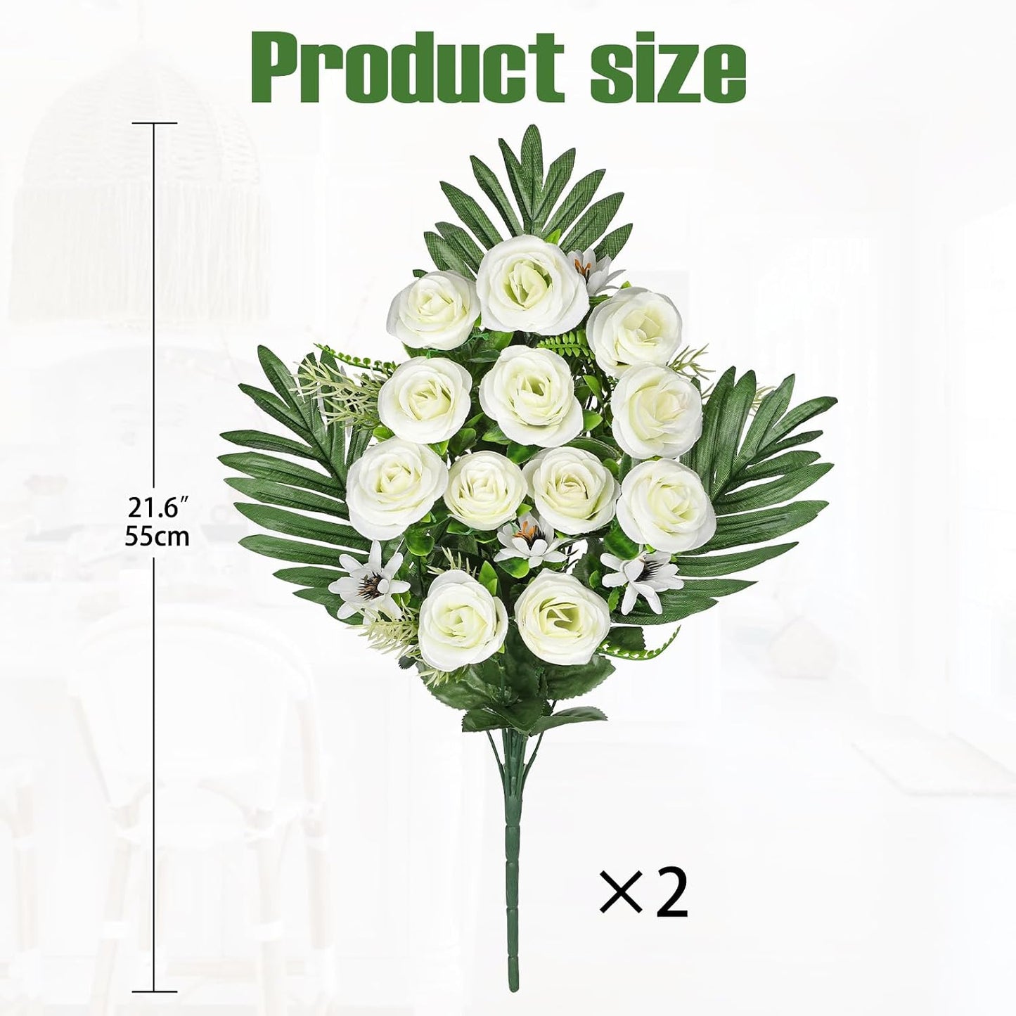 Artificial Cemetery Flowers for Grave, Set of 2 Silk White Faux Camellia Bouquet Flowers Outdoor Graveyard Memorial Flower for Cemetery Headstones Decoration