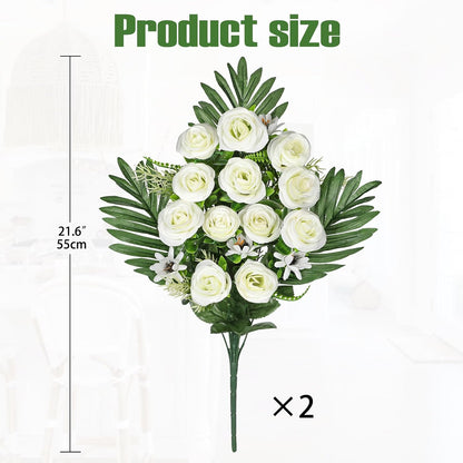 Artificial Cemetery Flowers for Grave, Set of 2 Silk White Faux Camellia Bouquet Flowers Outdoor Graveyard Memorial Flower for Cemetery Headstones Decoration