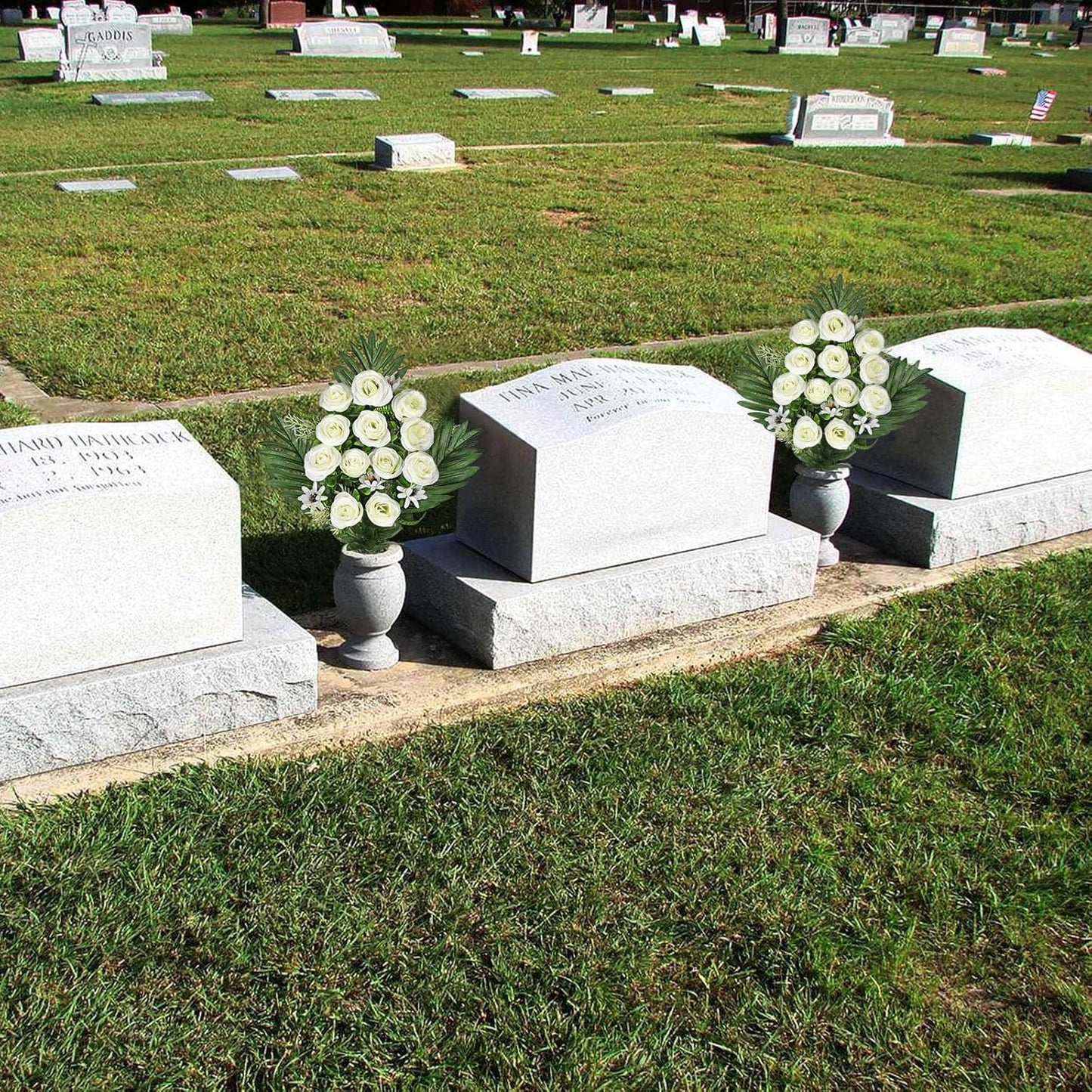 Artificial Cemetery Flowers for Grave, Set of 2 Silk White Faux Camellia Bouquet Flowers Outdoor Graveyard Memorial Flower for Cemetery Headstones Decoration