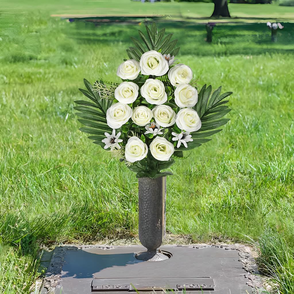 Artificial Cemetery Flowers for Grave, Set of 2 Silk White Faux Camellia Bouquet Flowers Outdoor Graveyard Memorial Flower for Cemetery Headstones Decoration