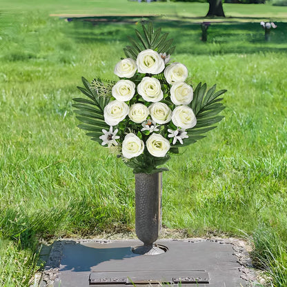 Artificial Cemetery Flowers for Grave, Set of 2 Silk White Faux Camellia Bouquet Flowers Outdoor Graveyard Memorial Flower for Cemetery Headstones Decoration