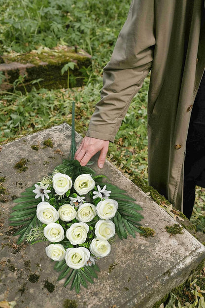Artificial Cemetery Flowers for Grave, Set of 2 Silk White Faux Camellia Bouquet Flowers Outdoor Graveyard Memorial Flower for Cemetery Headstones Decoration