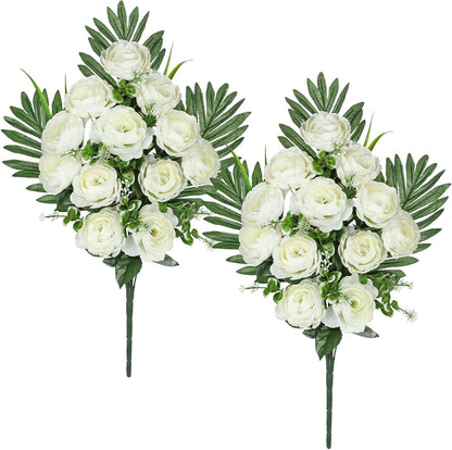 Artificial Cemetery Flowers for Grave, Set of 2 Silk White Faux Camellia Bouquet Flowers Outdoor Graveyard Memorial Flower for Cemetery Headstones Decoration