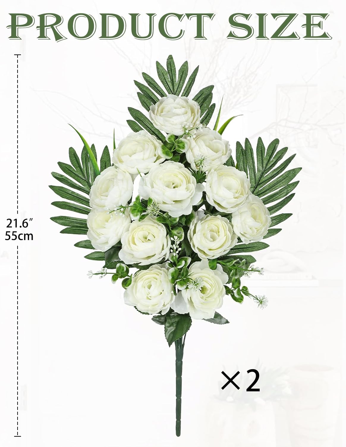 Artificial Cemetery Flowers for Grave, Set of 2 Silk White Faux Camellia Bouquet Flowers Outdoor Graveyard Memorial Flower for Cemetery Headstones Decoration