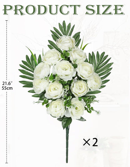Artificial Cemetery Flowers for Grave, Set of 2 Silk White Faux Camellia Bouquet Flowers Outdoor Graveyard Memorial Flower for Cemetery Headstones Decoration