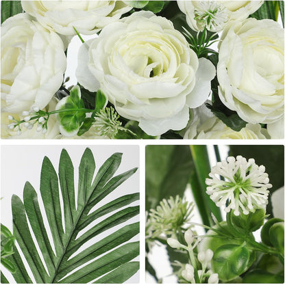 Artificial Cemetery Flowers for Grave, Set of 2 Silk White Faux Camellia Bouquet Flowers Outdoor Graveyard Memorial Flower for Cemetery Headstones Decoration