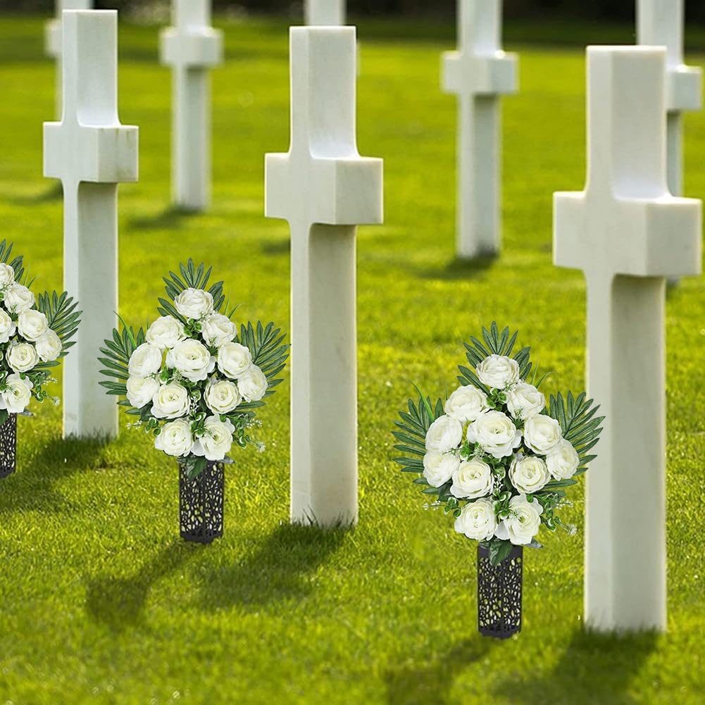 Artificial Cemetery Flowers for Grave, Set of 2 Silk White Faux Camellia Bouquet Flowers Outdoor Graveyard Memorial Flower for Cemetery Headstones Decoration