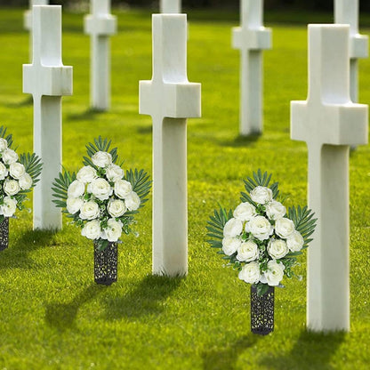 Artificial Cemetery Flowers for Grave, Set of 2 Silk White Faux Camellia Bouquet Flowers Outdoor Graveyard Memorial Flower for Cemetery Headstones Decoration