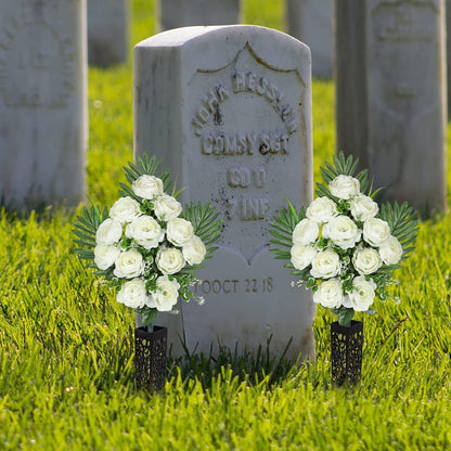 Artificial Cemetery Flowers for Grave, Set of 2 Silk White Faux Camellia Bouquet Flowers Outdoor Graveyard Memorial Flower for Cemetery Headstones Decoration