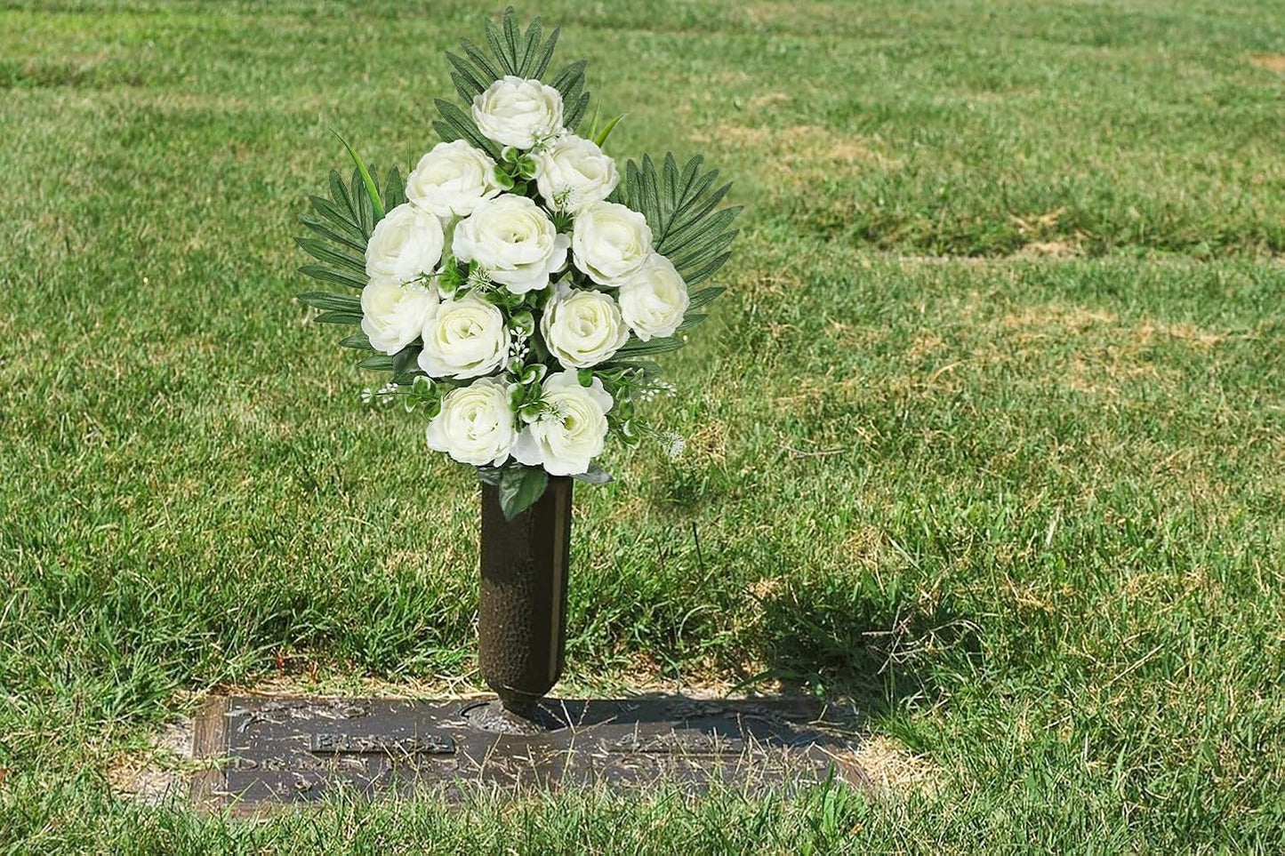 Artificial Cemetery Flowers for Grave, Set of 2 Silk White Faux Camellia Bouquet Flowers Outdoor Graveyard Memorial Flower for Cemetery Headstones Decoration