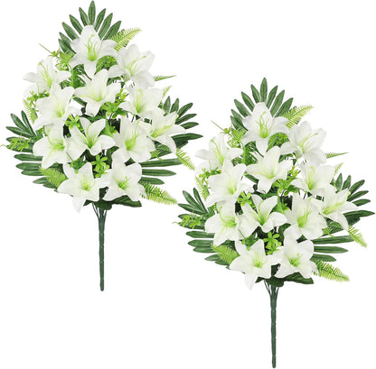 Artificial Cemetery Flowers for Grave, Set of 2 Silk White Faux Camellia Bouquet Flowers Outdoor Graveyard Memorial Flower for Cemetery Headstones Decoration