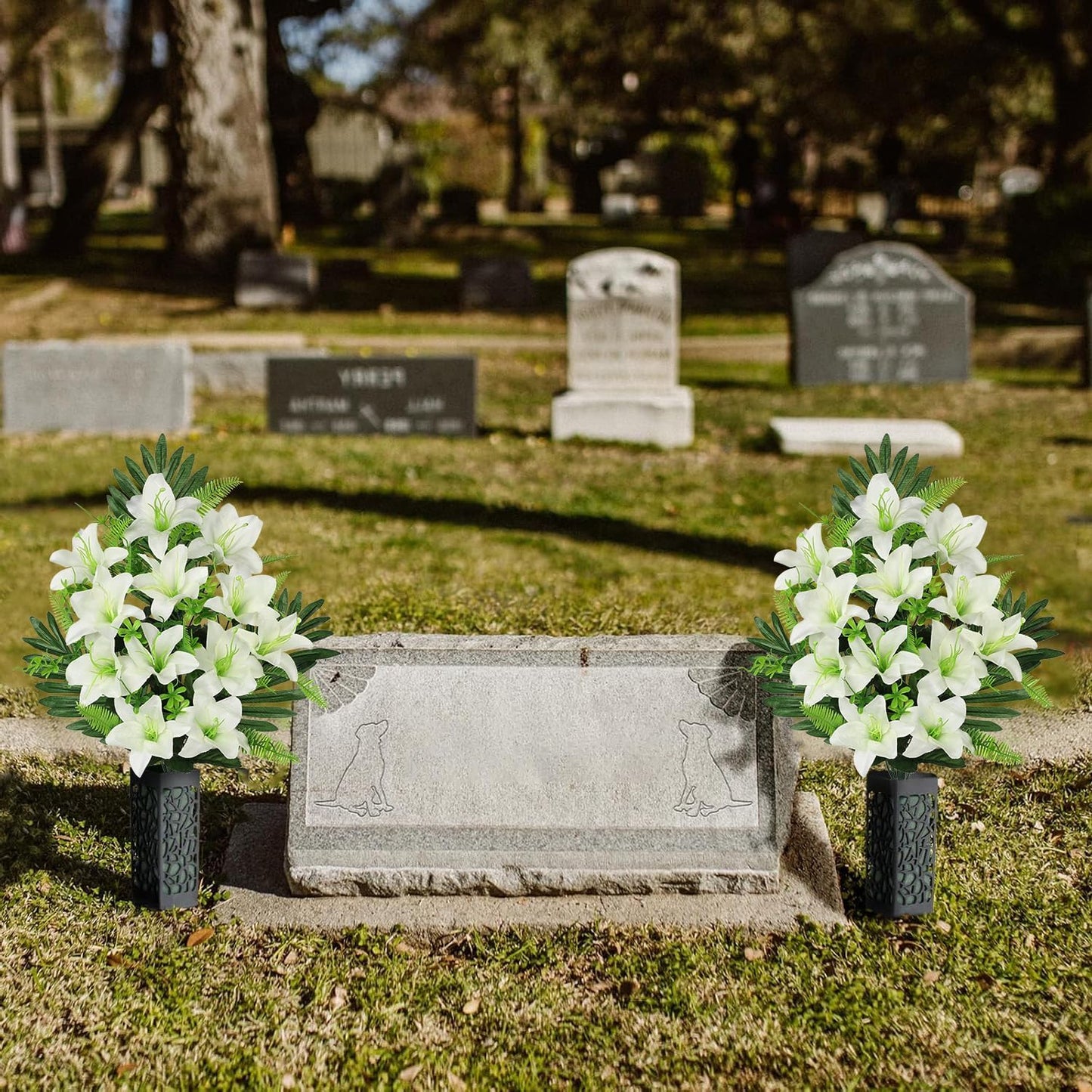 Artificial Cemetery Flowers for Grave, Set of 2 Silk White Faux Camellia Bouquet Flowers Outdoor Graveyard Memorial Flower for Cemetery Headstones Decoration