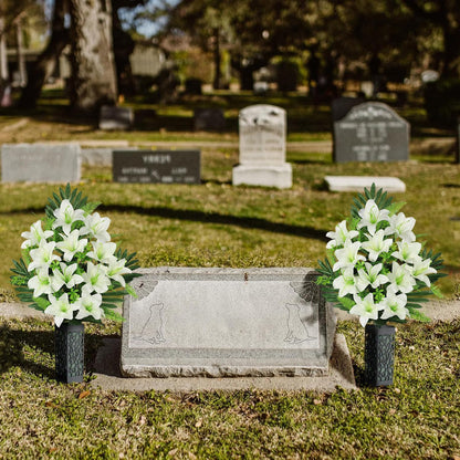 Artificial Cemetery Flowers for Grave, Set of 2 Silk White Faux Camellia Bouquet Flowers Outdoor Graveyard Memorial Flower for Cemetery Headstones Decoration