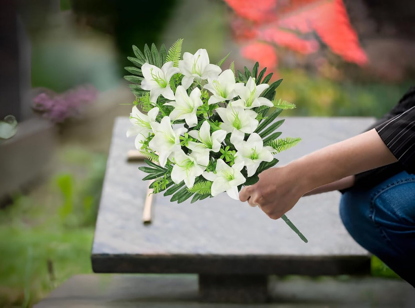 Artificial Cemetery Flowers for Grave, Set of 2 Silk White Faux Camellia Bouquet Flowers Outdoor Graveyard Memorial Flower for Cemetery Headstones Decoration
