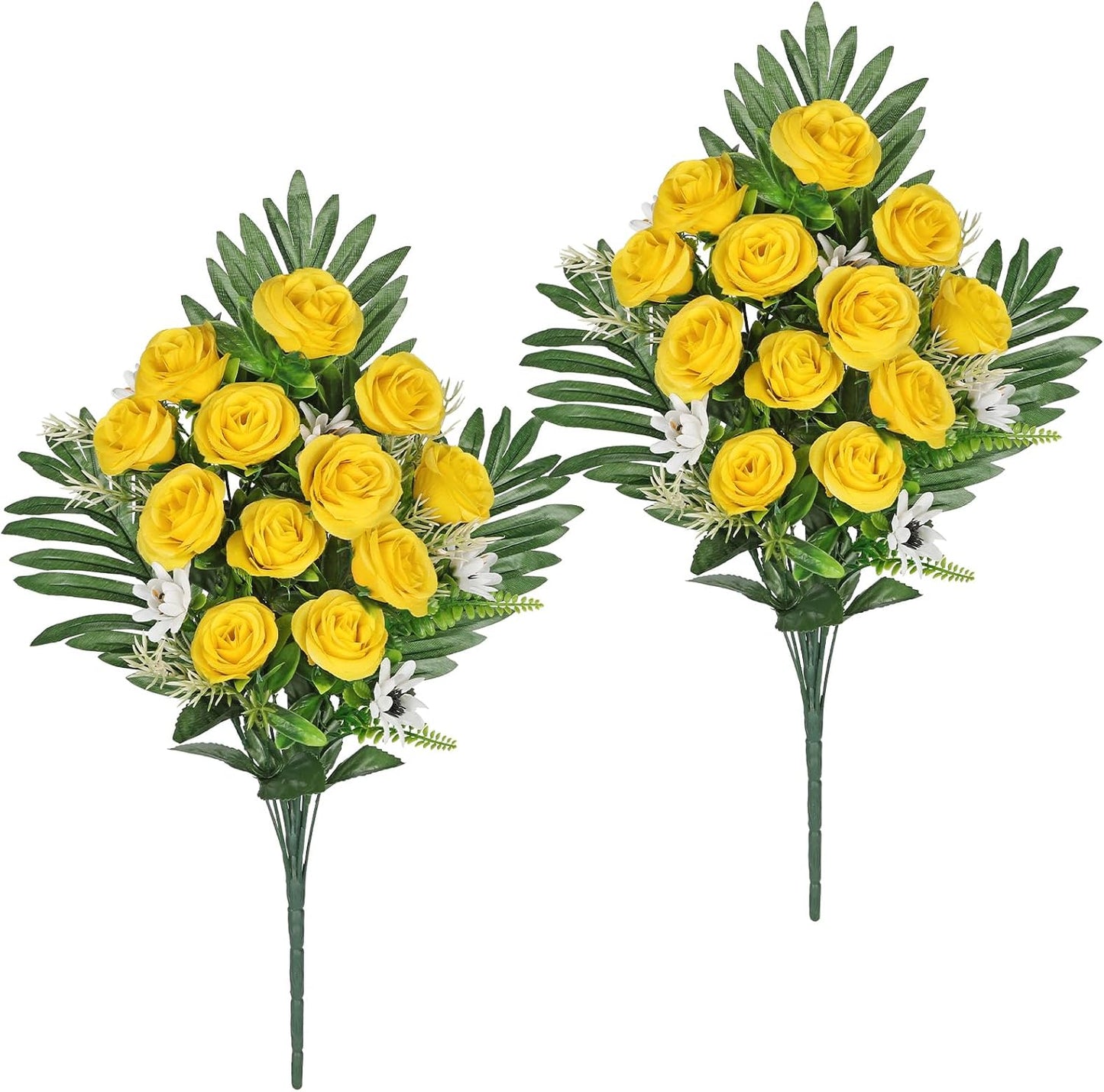 Artificial Cemetery Flowers for Grave, Set of 2 Silk White Faux Camellia Bouquet Flowers Outdoor Graveyard Memorial Flower for Cemetery Headstones Decoration