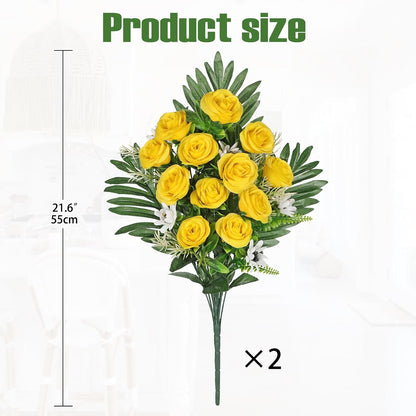 Artificial Cemetery Flowers for Grave, Set of 2 Silk White Faux Camellia Bouquet Flowers Outdoor Graveyard Memorial Flower for Cemetery Headstones Decoration