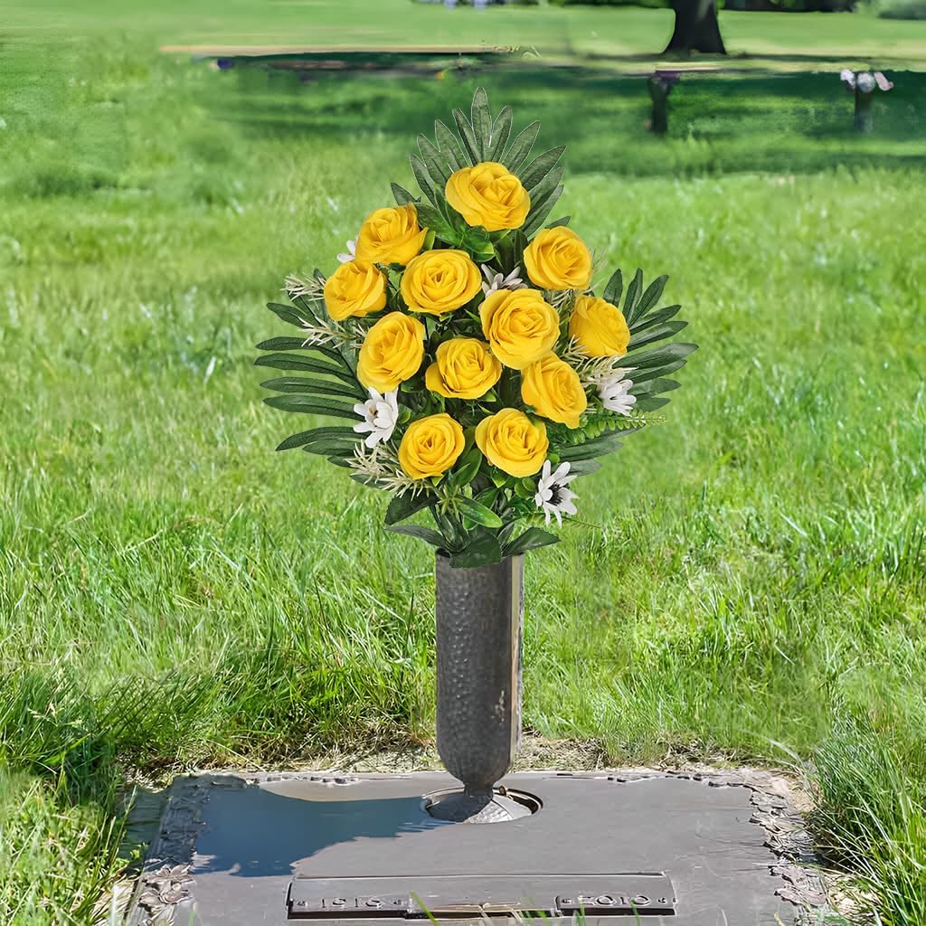 Artificial Cemetery Flowers for Grave, Set of 2 Silk White Faux Camellia Bouquet Flowers Outdoor Graveyard Memorial Flower for Cemetery Headstones Decoration