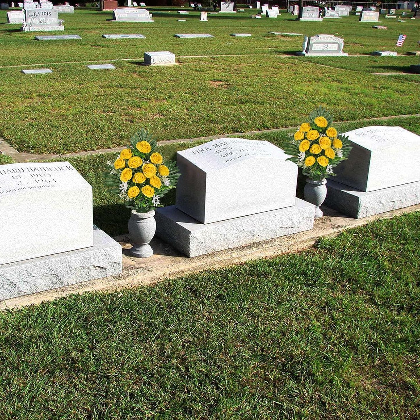 Artificial Cemetery Flowers for Grave, Set of 2 Silk White Faux Camellia Bouquet Flowers Outdoor Graveyard Memorial Flower for Cemetery Headstones Decoration