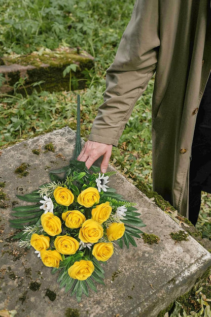Artificial Cemetery Flowers for Grave, Set of 2 Silk White Faux Camellia Bouquet Flowers Outdoor Graveyard Memorial Flower for Cemetery Headstones Decoration