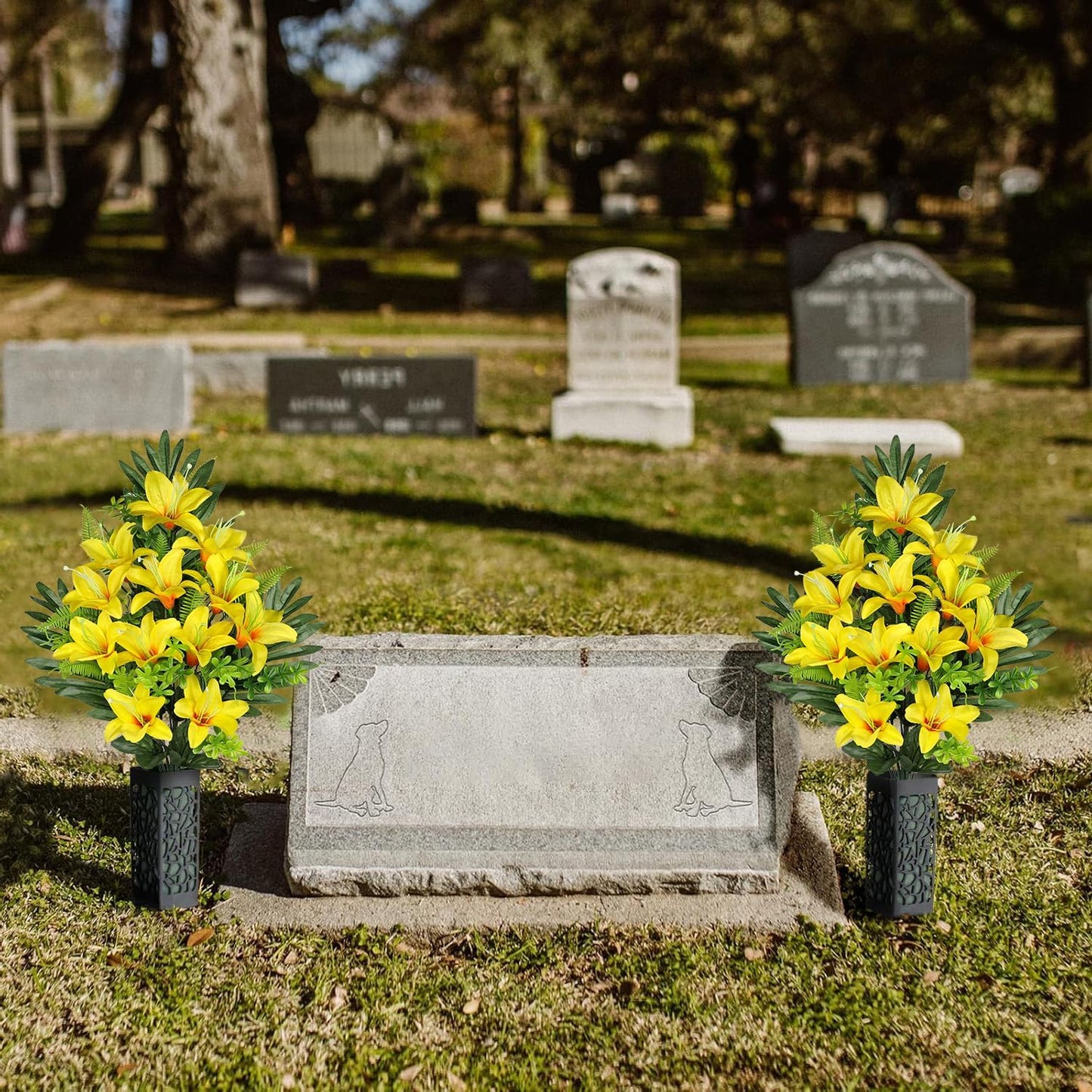 Artificial Cemetery Flowers for Grave, Set of 2 Silk White Faux Camellia Bouquet Flowers Outdoor Graveyard Memorial Flower for Cemetery Headstones Decoration