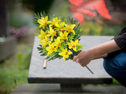 Artificial Cemetery Flowers for Grave, Set of 2 Silk White Faux Camellia Bouquet Flowers Outdoor Graveyard Memorial Flower for Cemetery Headstones Decoration