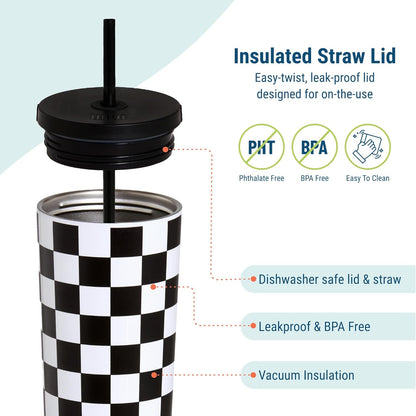 24 oz Insulated Tumbler with Straw, Lemons | 24 oz vacuum-insulated tumbler with reusable straw and spill-resistant lid · fits most car cup holders