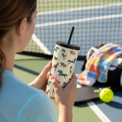 24 oz Insulated Tumbler with Straw, Lemons | 24 oz vacuum-insulated tumbler with reusable straw and spill-resistant lid · fits most car cup holders