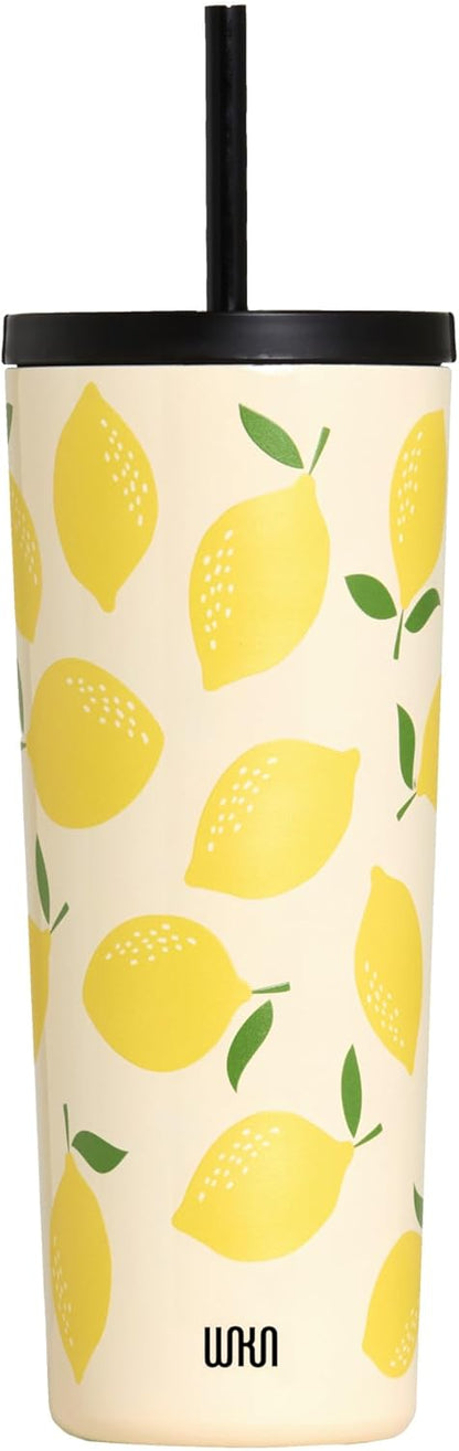 24 oz Insulated Tumbler with Straw, Lemons | 24 oz vacuum-insulated tumbler with reusable straw and spill-resistant lid · fits most car cup holders