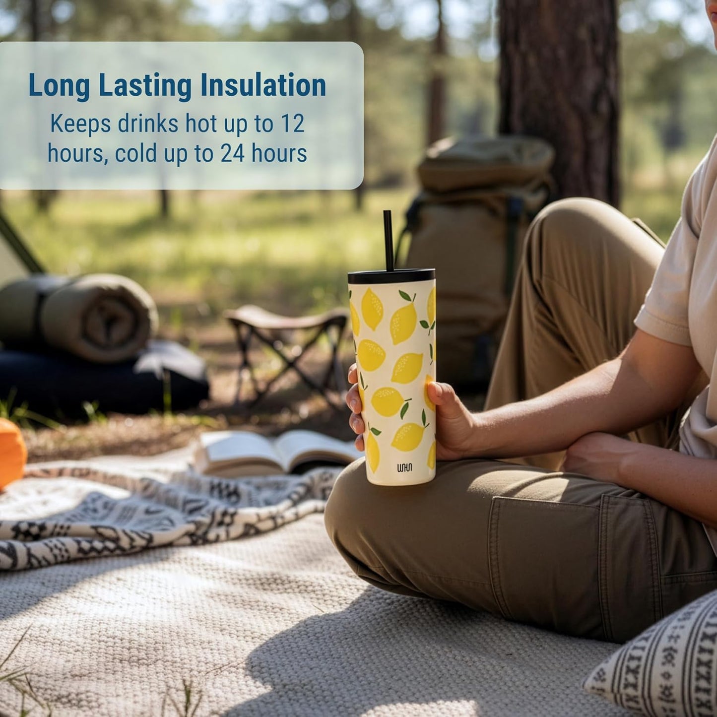 24 oz Insulated Tumbler with Straw, Lemons | 24 oz vacuum-insulated tumbler with reusable straw and spill-resistant lid · fits most car cup holders