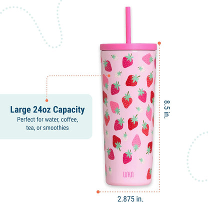 24 oz Insulated Tumbler with Straw, Lemons | 24 oz vacuum-insulated tumbler with reusable straw and spill-resistant lid · fits most car cup holders