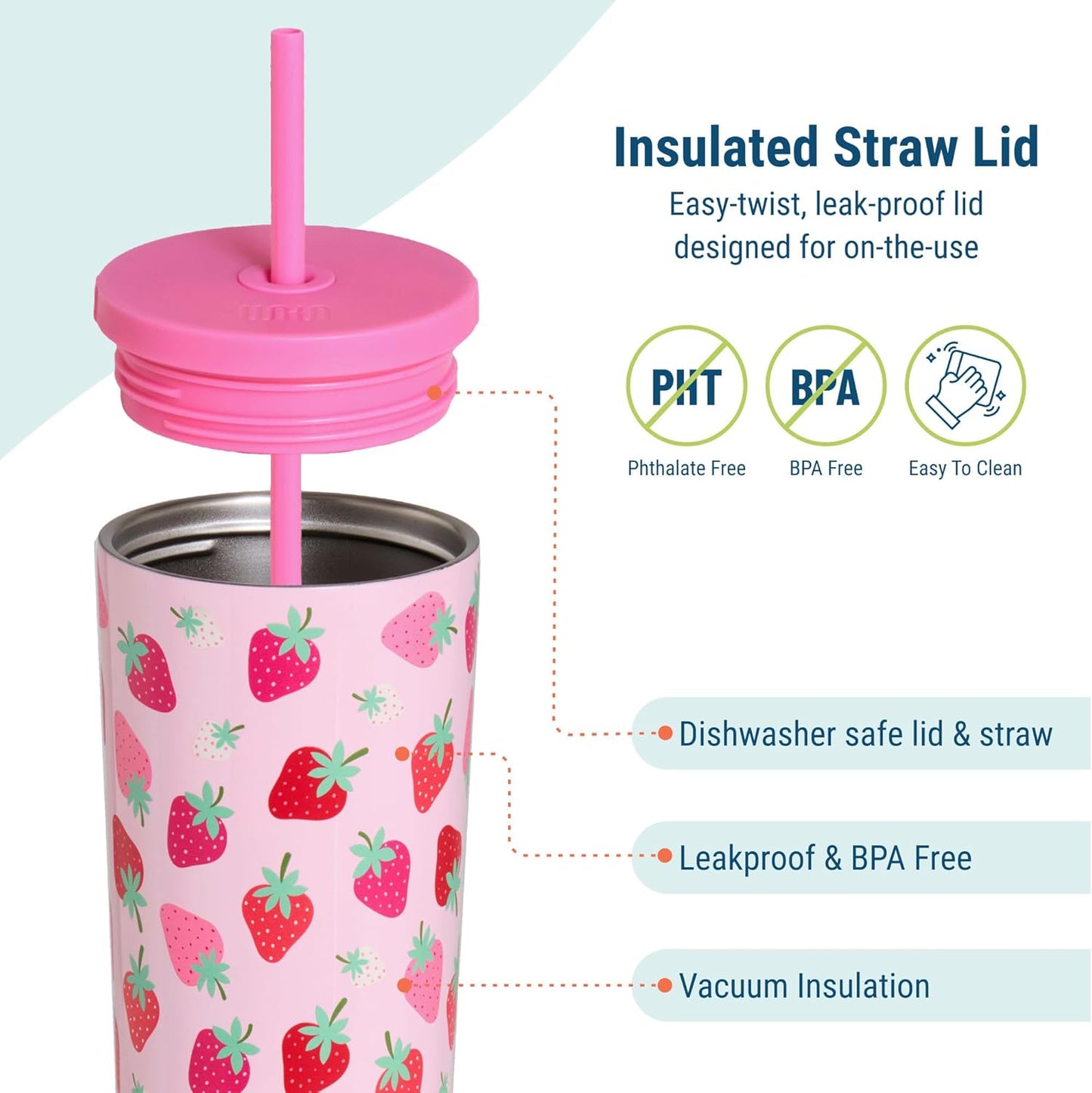24 oz Insulated Tumbler with Straw, Lemons | 24 oz vacuum-insulated tumbler with reusable straw and spill-resistant lid · fits most car cup holders