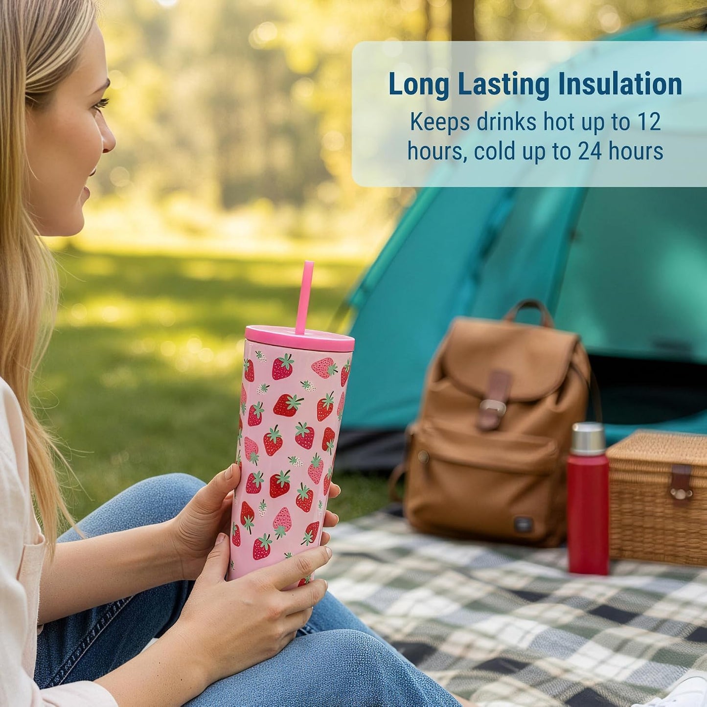 24 oz Insulated Tumbler with Straw, Lemons | 24 oz vacuum-insulated tumbler with reusable straw and spill-resistant lid · fits most car cup holders